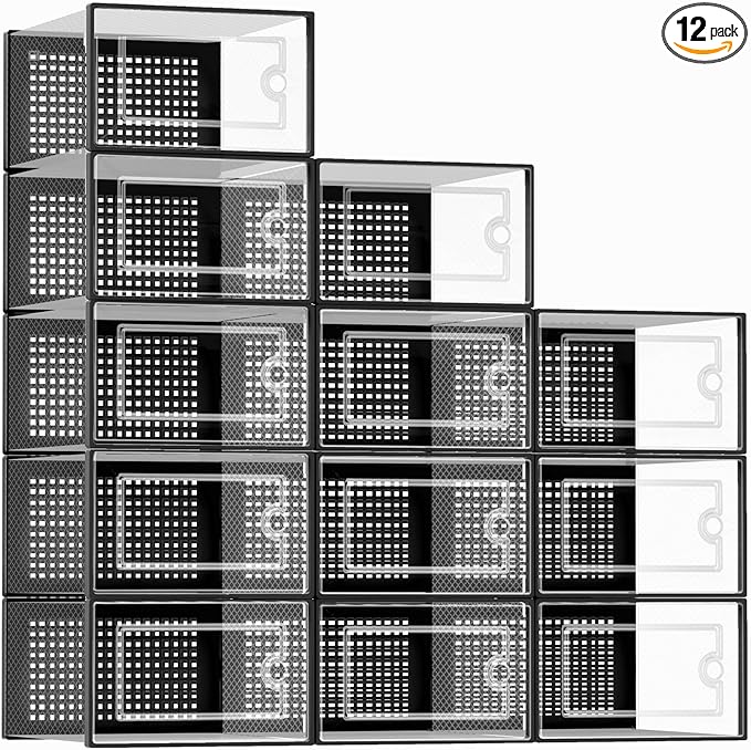 Kuject X-Large Shoe Storage Boxes Organizers Clear Plastic Stackable 12 Pack, Shoe Rack & Holder Substitute, Sneaker Containers, Toy Storage Organizer Bins for Entryway, Closet, Under Bed, Black