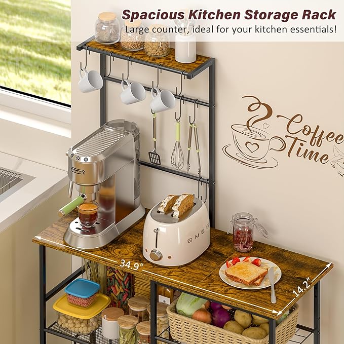 3IngSeagulls Bakers Rack with Power Outlet, Kitchen Microwave Stand with 10 S-shaped Hooks, 6-Tier Coffee Bar Station, Kitchen Storage Shelf Rack for Spices, Pots, Rustic Brown