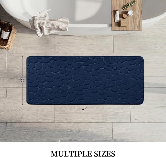 YIHOUSE Memory Foam Runner Rug, Cobblestone Bathroom Runner Rugs Super Water Absorbent Bath Mats for Bathroom Machine Washable Bath Rugs for Hallway Bedroom Laundry Room(20 x 47,Dark Blue)