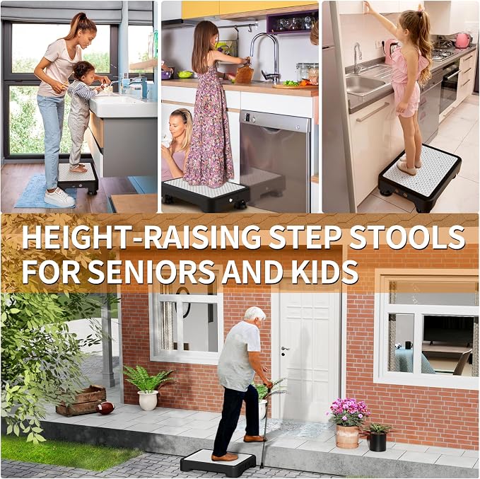 Ronlap One Step Stools for Adults, Portable Safety Step Platform for Seniors Small Plastic Bedside Step Stool Mobility Wide Step Stools Elderly Assistance for Shower Bed Car Stair Outdoor, Black-White
