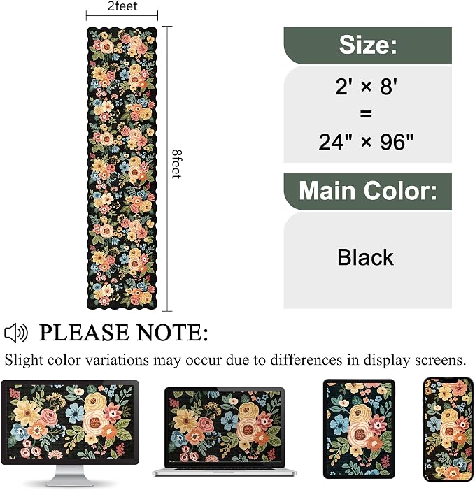 DUKINO 2x8 Washable Runner Rug, Lightweight Soft Floral Hallway Rug Runner with Low Pile Design, Non Shedding & Non Slip Backing Thin Indoor Carpet for Bedroom, Bathroom, Entrance, Kitchen, Black