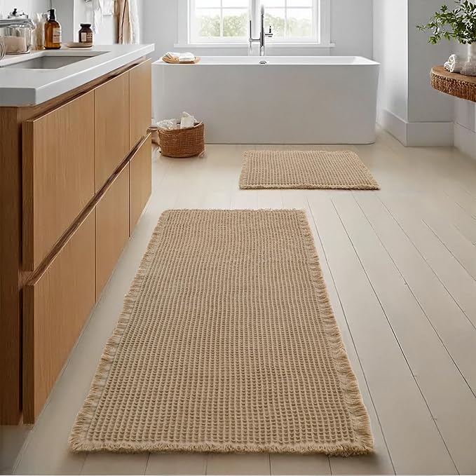 JIUZHEN Set of 2 Waffle Bath Mats Non Slip Waffle Bathroom Runner Rug Washable Boho Runner Bath Rugs Super Absorbent Shower Mat for Bathroom Kitchen Hallway Laundry, 16" x 24" +24" x 60", Brown