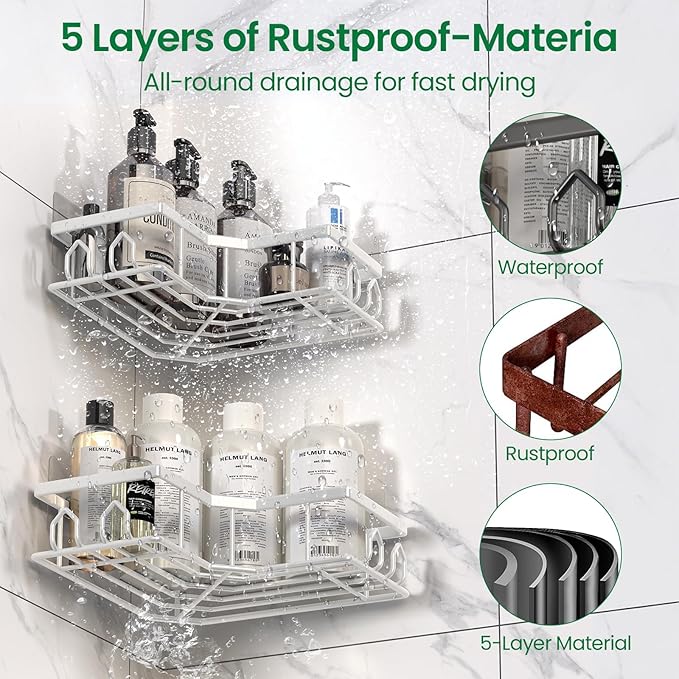 Adhesive Shower Caddy, 6 Pack Corner Bath Organizer, Rustproof Stainless Steel Shower Shelves with Large Capacity, No Drilling Shelves for Bathroom Storage, Home, Kitchen Décor (White).
