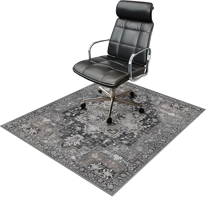 48"x48" Office Chair Mat for Hardwood Tile Floor, Under Desk Carpet Protector for Rolling Computer Chair Mat, Machine Washable Round Area Rug, Anti-Slip 1/5" Thick Low Pile Thin Floor Mat, Black