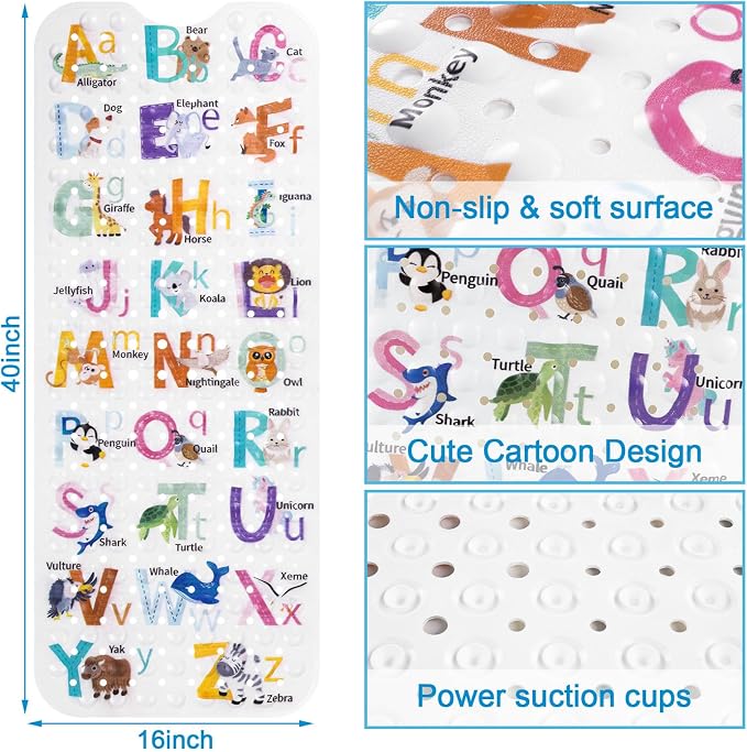 Topotdor Baby Bath Mat for Tub for Kids, 40 X 16 Inch Extra Long Toddler Bathtub Mat Non Slip, Machine Washable Bathroom Shower Floor Mat with Suction Cups & Drain Holes, Alphabet Animal