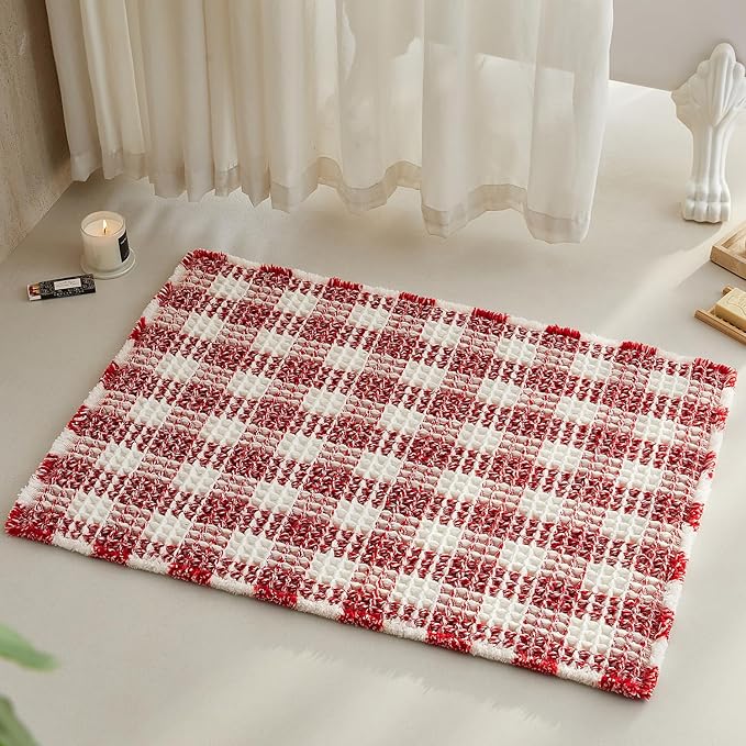 TYUU Waffle Bath Mat, Boho Christmas Bathroom Rugs Non Slip Washable Absorbent Checkered Bathroom Mat Quick Dry Cute Bath Mat, 36"x24" Red and White