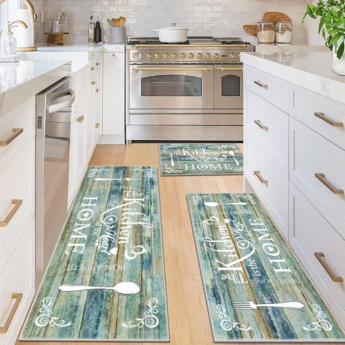 Vaukki Boho Kitchen Rug Sets 3 Pieces, Washable Kitchen Mats for Floor, Non Slip Soft Kitchen Area Rug Floor Mat for Kitchen, Laundry Room and Hallway (Teal and Brown, 20''x32''+20''x47''+20''x59'')