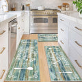 Vaukki Boho Kitchen Rug Sets 3 Pieces, Washable Kitchen Mats for Floor, Non Slip Soft Kitchen Area Rug Floor Mat for Kitchen, Laundry Room and Hallway (Teal and Brown, 20''x32''+20''x47''+20''x59'')