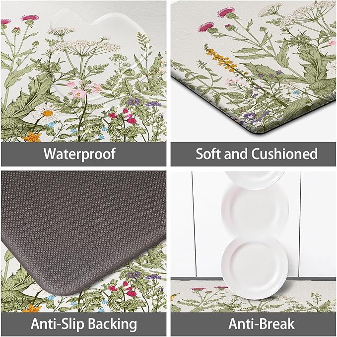 MAYHMYO Anti Fatigue Kitchen Mat for Floor Set of 2 Colorful Floral Plants Cute Vintage Comfort Mats Cushioned Non Slip Waterproof Kitchen Rugs Standing Kitchen Mats for Floor House Sink Office