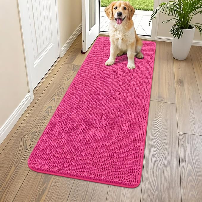 Smiry Dog Door Mat for Muddy Paws 59x24, Absorbent Dirt Trapper, Non-Slip Washable Chenille Entryway Rug for Inside Floor, Hot Pink, Classic Solid