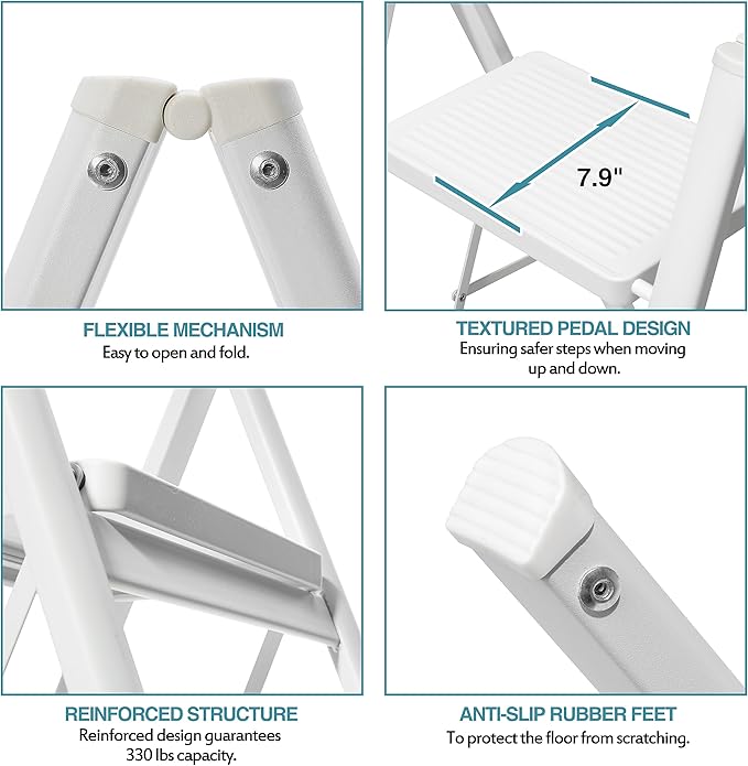 BOCOM 2 Step Ladder, Lightweight Portable Foldable Collapsible Folding Sturdy Iron Metal Step Stool with Anti-Slip Wide Pedal, Heavy Duty 330 lbs Capacity, for Home, Kitchen, Closet, Adults, White