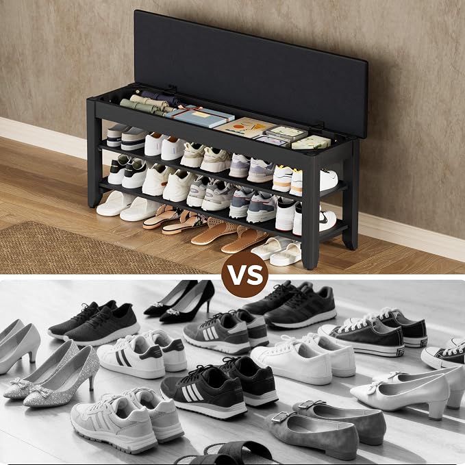 Homleke Shoe Rack Bench with Flip-Top Storage, Solid Wood Entryway Bench with Cushion, Adjustable Shelf, for Hallway, Mudroom, Closet – Black, 39.4"