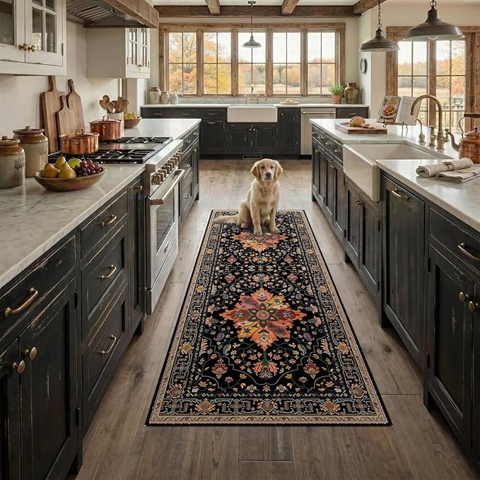 RELEANY Area Rugs Runner 2'x6' Washable Non-Slip, Floral Vintage Distress Medallion Carpet for Kitchen Hallway Bedroom Beside Laundry Room Bathroom, Black Colorful Floral Dark Tan