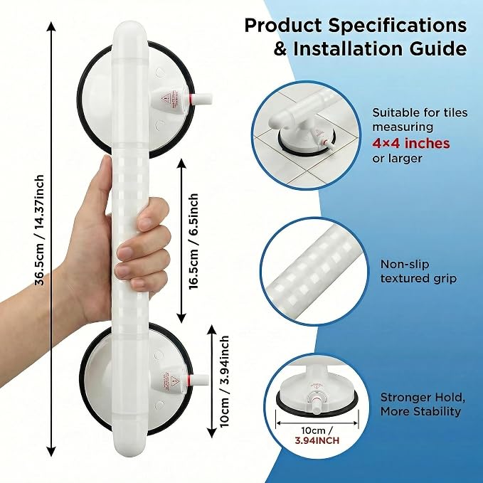 Magicbox Grab Bars for Bathtub for Seniors, 2 Pack 14.4 Inch No Drilling Shower Grab Bar with Vacuum Suction, Red Line Warning, Bathroom Safety Handle for Elderly Parents