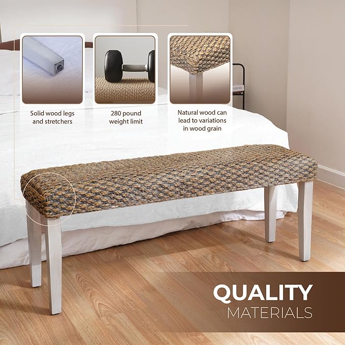 Solid Wood Acacia Indoor Bench with Natural Woven Water Hyacinth Seat, Wood Bench for Living Room or Entryway, Vintage Bench, Fishbone Style, Plait Style with Grey Leg