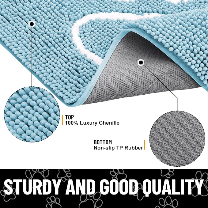 Smiry Dog Door Mat for Muddy Paws, Absorbent Dirt Trapper Non Slip Quick Dry Washable Chenille Mat for Mud Dogs, Entry Rug for Indoor and Outdoor (36x24 Inches, Sky Blue and White)