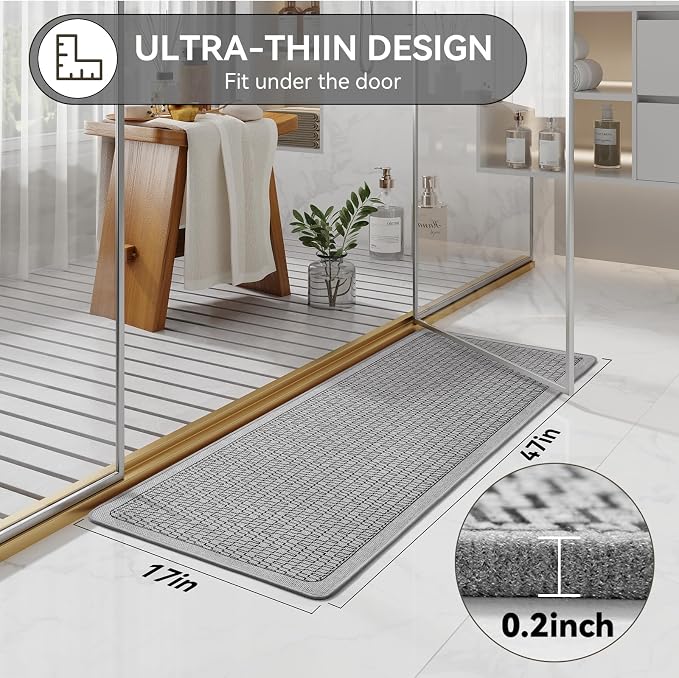 YDKGL Bathroom Runner Rug, Thin Bath Mat Bathroom Rugs Non Slip Washable, Rubber Backing Quick Dry for Floor, Tub and Shower, Grey 17x47