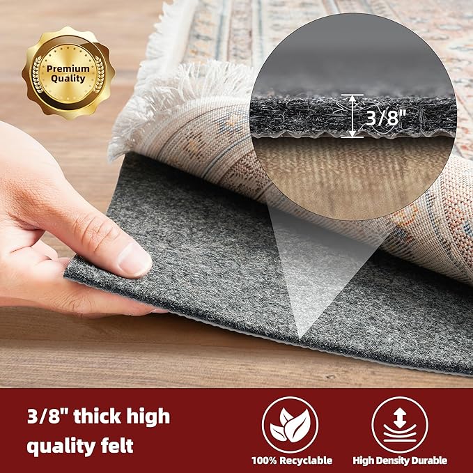 BAGAIL Felt and Natural Rubber Backing Rug Pads 3/8” Thick, 2 x 10 Ft Non Slip Carpet Gripper Keep Rugs in Place, Under Area Rug Protective Cushioned Pads, Carpet Runners, Hardwood Floors Protection
