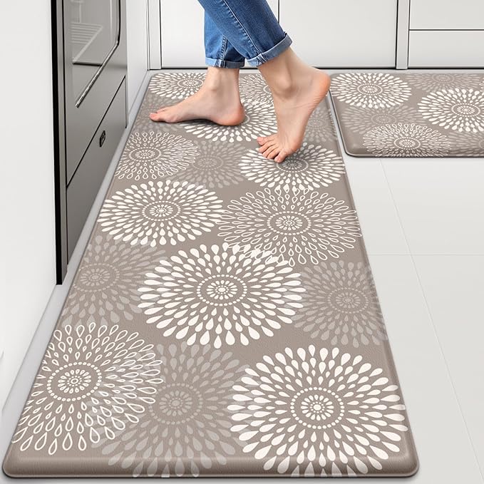 LuxStep Kitchen Mats for Floor,Cushioned Rug Anti-Fatigue Mats for Kitchen Decor Accessories,Waterproof Non-Slip Mats and Rugs Set for Office,Floor,Laundry 17.3"×30"+17.3"×47",Khaki