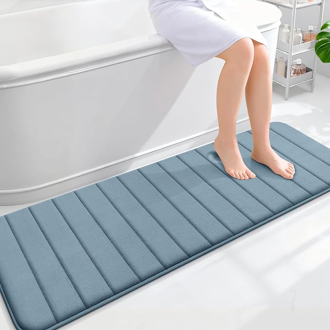 OLANLY Memory Foam Long Bathroom Rugs Runner 59x20, Super Soft Absorbent Bath Mat, Quick Dry, Machine Washable Shower Floor Rugs, Bathmat Carpet, Bathroom Home Decor Accessories, Airy Blue