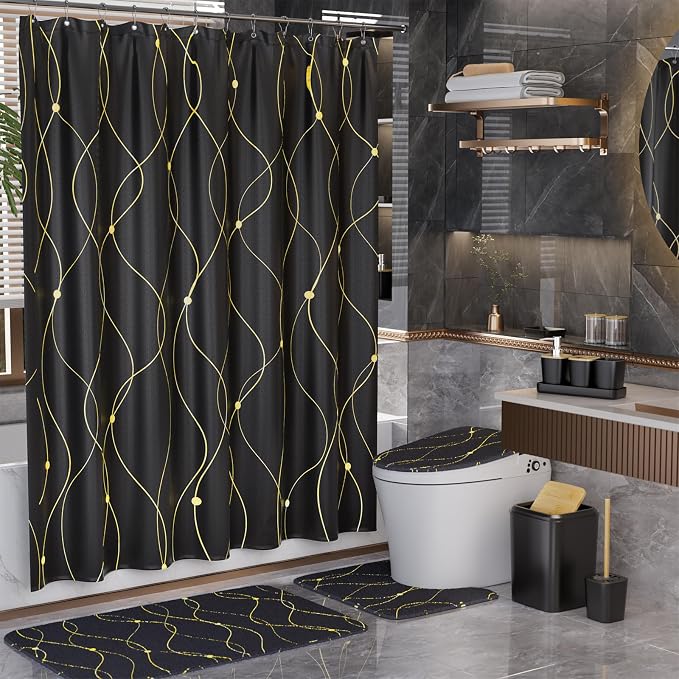 XLHOMO Black and Gold Bathroom Accessories Set - 24PCS with Shower Curtain, Rugs, and Waterproof Curtain Set