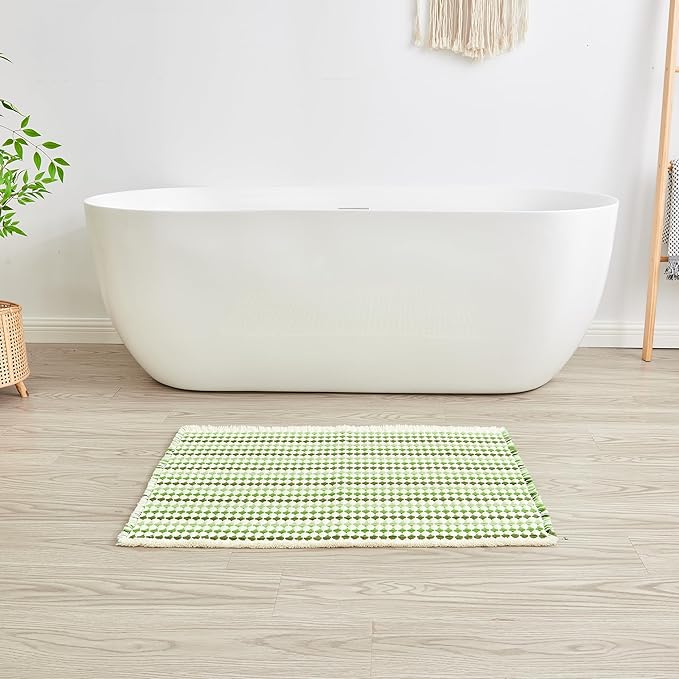Douceur Boho Bath mat for Bathroom Floor Non Slip, Acrylic Blend Cute Bath Mats with Tassels, Quick Dry Bath mats Machine Washable, 16" x 24", Green