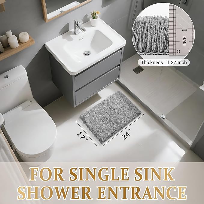 Yimobra Bathroom Rugs Non Slip Washable, Ultra Soft and Water Absorbent Bath Mats, Plush Fluffy Shower Mat Outside, Microfiber Thick Matts for Bathroom Floor/Sink, 24x17, Pure Gray