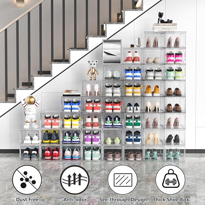 XX-Large Clear Shoe Storage Boxes with Magnetic Door, Thickened Stackable Shoe Organizer 12 Pack, Sneaker Display Case for Closet Organization & Entryway Storage, Dust-Proof Space Saving System, White