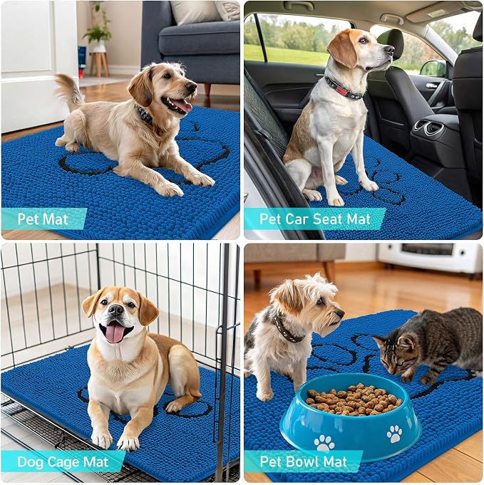 OLANLY Dog Door Mat for Muddy Paws 48x30, Paw Print Design, Absorbs Moisture and Dirt, Non-Slip Washable Doormat, Quick Dry Chenille Mud Mat for Dogs, Entry Indoor Entryway Carpet, Deep Navy Blue