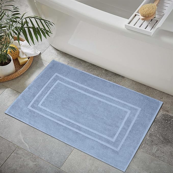 Feather & Stitch 2 Piece Towel Like Bath Mats (30x21 Inch) 100% Cotton Terry Bath Mats, Bathroom Shower Floor Mats [NOT A Bathroom Rug], Soft Absorbent Washable Mats - Pool Blue