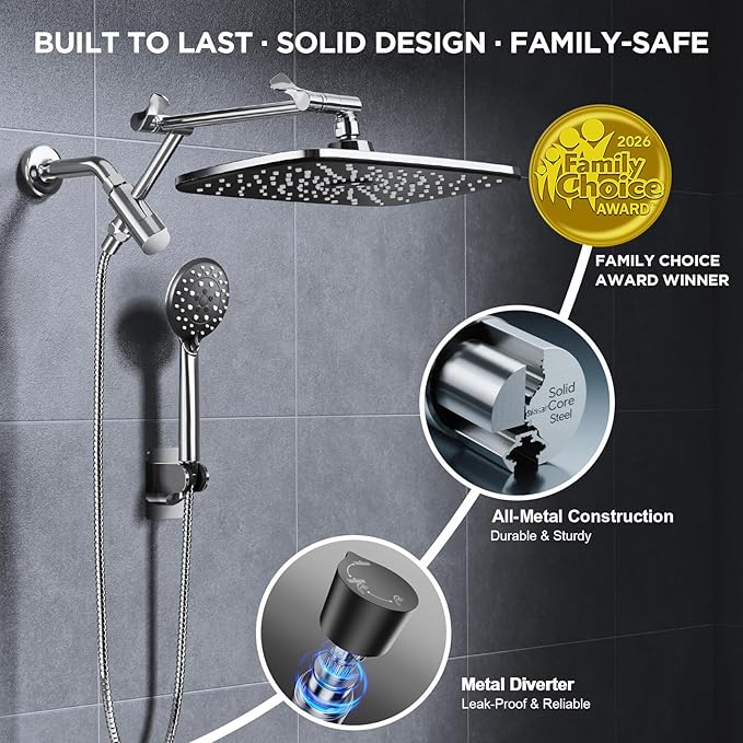 Veken 11.8" Rain Shower Head with Handheld, High Pressure Handheld Shower with Multi Spray Modes, Rainfall Combo with 15" Metal Extension Arm, Detachable Dual Shower, Bathroom Decor, Chrome Silver