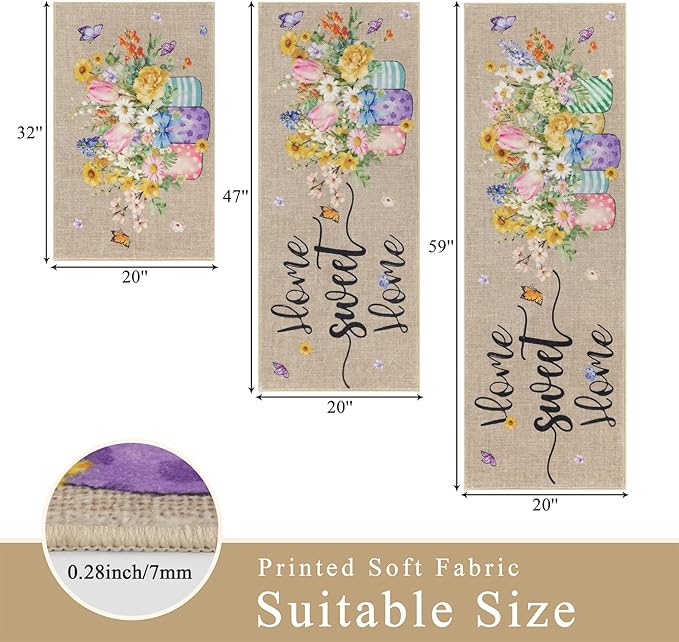 Vaukki Boho Kitchen Rug Sets 3 Pieces, Washable Kitchen Mats for Floor, Non Slip Soft Kitchen Area Rug Floor Mat for Kitchen, Laundry Room and Hallway (Spring Vase, 20''x32''+20''x47''+20''x59'')