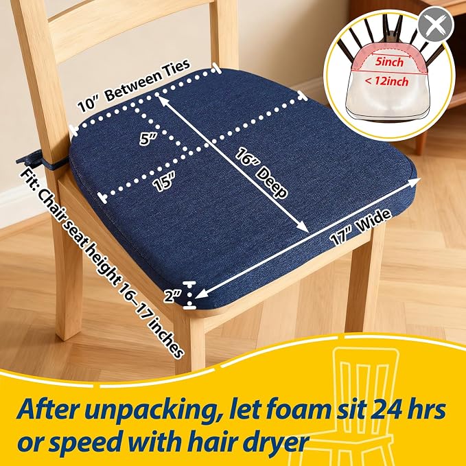 AAAAAcessories D-Shaped Chair Cushions, 2" Thick Dining Chair Pads with Ties and Removable, Machine-Washable Cover, 17" x 16", Set of 6, Blue