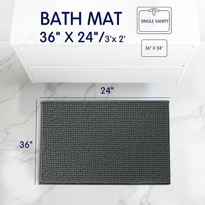SUBRTEX Bathroom Rugs, 24" x 36" Chenille Bath Rug Soft Short Plush Bath Mat Soft Shower Mat Water Absorbent Shower Mat Quick Dry Machine Washable, Gray