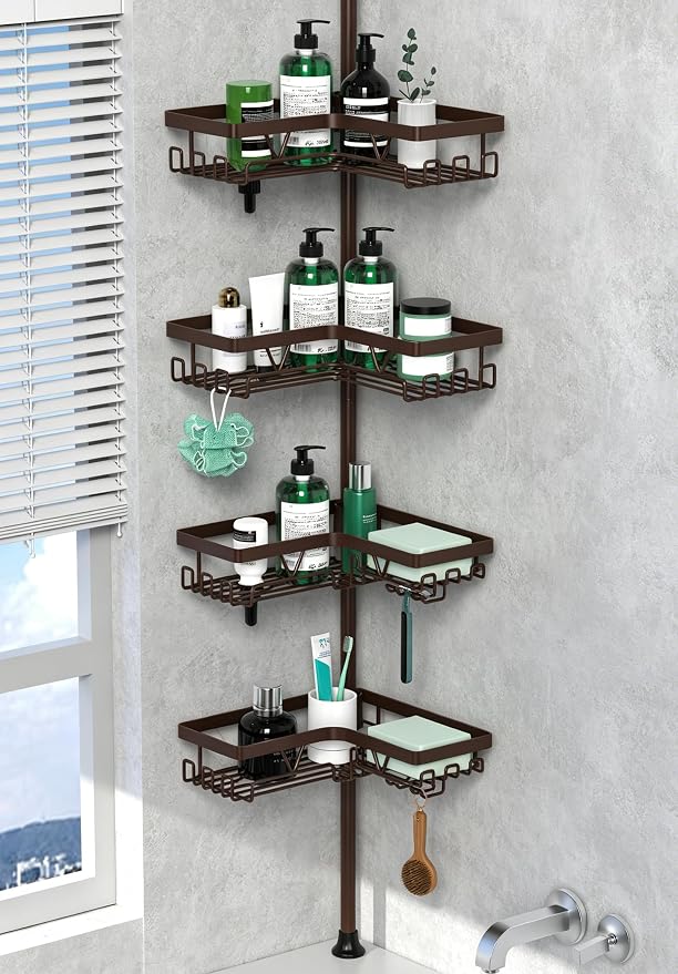 DAOYA Corner Shower Caddy Tension Pole - Adjustable 4-Tier Shower Shelf Stainless Steel Corner Tension Rod Bathroom Organizer Shampoo Holder with Soap Holders & Hooks for Bath, Tub, Floor Space Saving