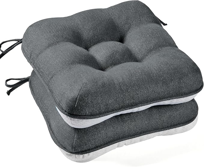 BETU Chair Cushions for Dining Chairs Set of 2,3.5" Thick Kitchen Table Chair Pads with Ties,Non Slip Backing and Covers, Seat Cushion for Dining Room,Bar,Patio Chairs,15.5"X15.5"X3.5",Dark Grey