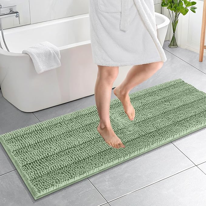 OLANLY Thick Bathroom Runner Rugs 59x20, Absorbent Chenille Striped Bath Rugs, Rubber Backing, Machine Wash, Extra Long Bath Mats for Bathroom Floor, Tub and Shower, Home Decor Accessories, Sage Green