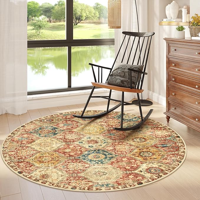 Lahome Moroccan Trellis Round Area Rugs, Washable Small Round Rug 3ft Non-Slip, Soft Vintage Ultra-Thin Circle Carpet for Bedroom Entryway Kitchen Laundry Bathroom Elise, Red/Orange