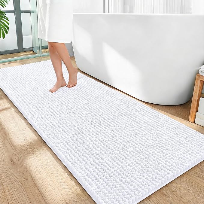 OLANLY Thick Bathroom Runner Rugs 59x24, Extra Soft Absorbent Chenille Bath Rugs, Rubber Backing, Machine Wash Dry, Long Bath Mats for Bathroom Floor, Tub and Shower, Home Decor Accessories, White