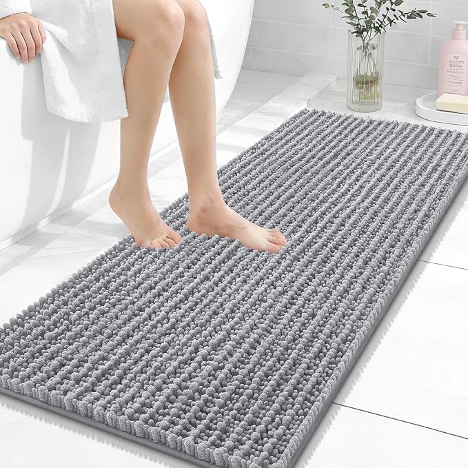 OLANLY Long Bathroom Rugs Runner 47x20, Thick Soft and Absorbent Chenille Bath Mat, Non-Slip, Machine Washable Quick Dry Bath Rugs for Tub Shower Floor, Home Decor Accessories, Grey