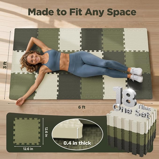 AIRHOP 18 PCS Gym Floor Mat, EVA Foam Puzzle Gym Mat, High-Density Interlocking Foam Floor Tiles for Home Gym, Play Workout Garage Kitchen Flooring 12.6"x12.6"x0.4"