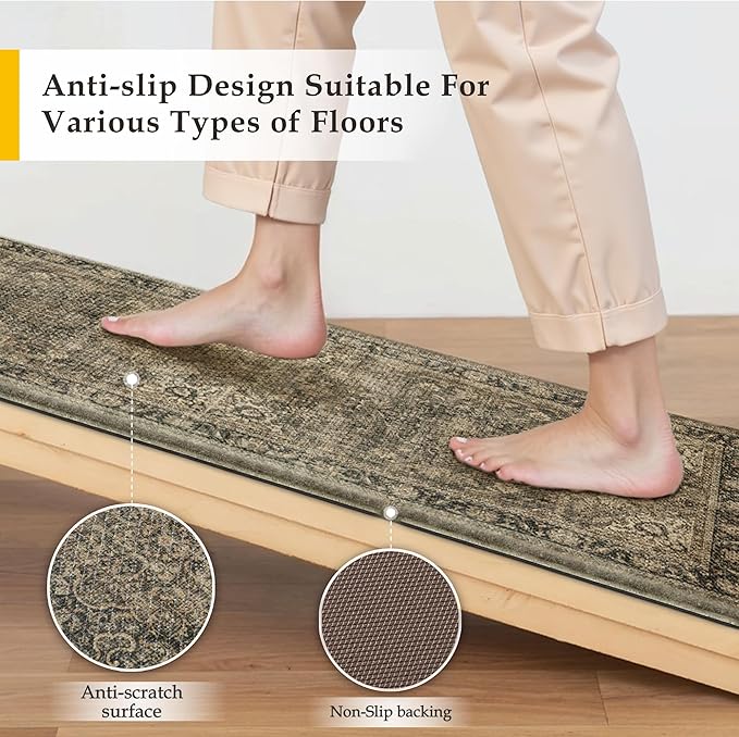 Vintage Kitchen Mats for Floor Anti Fatigue Waterproof Kitchen Rugs Sets of 2 Brown Cushioned Non-Slip Kitchen Mats Comfort Standing Mat for Sink Laundry Office 17.3"×47"+17.3"×30"