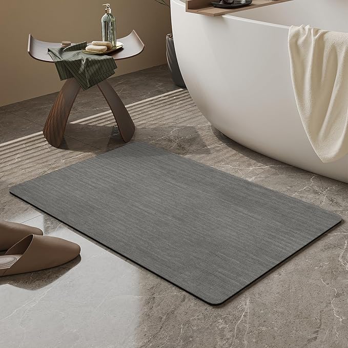 Mecko Bath Mat, Ultra Absorbent Quick Dry Bathroom Floor Mats-Rubber Non-Slip Thin Bathroom Rug Fit Under Door, Faux Suede Surface Shower Rug for Bathtub, Sink, Shower Room(Grey,16"x24")
