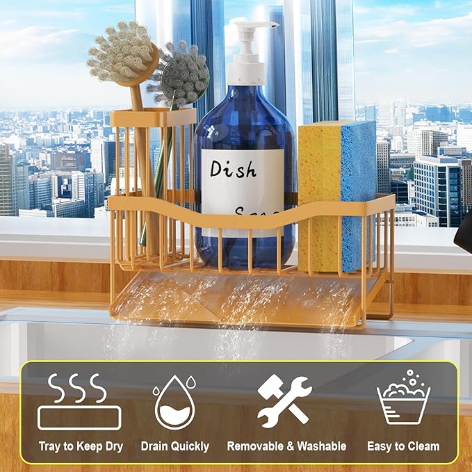 Fssvcd Maifan Sink Caddy Sponge Holder for Kitchen with Brush Holder and Stainless Steel Self Drain Tray, Rustproof Kitchen Sink Organizer for Sponge, Soap Dispenser Storage Accessories