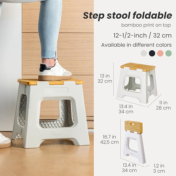 Vigar Compact Folding Step Stool - 12-1/2 Inch Foldable Step Stool for Adults, Lightweight Portable Stool with Handle, Non Slip Step Stool, Space-Saving Stool up to 330 lb - Grey, Bamboo Print Top