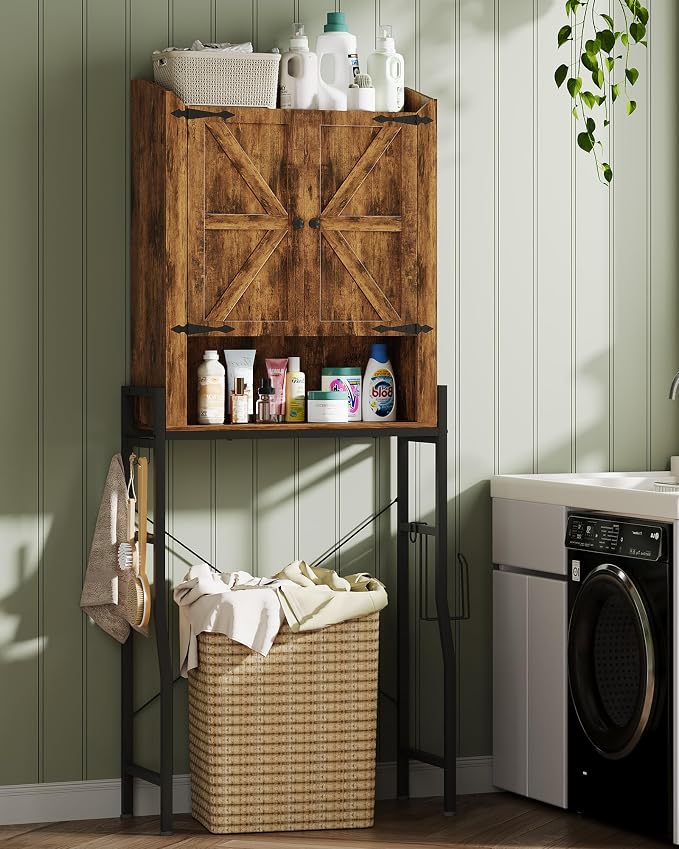 Memobarco Over The Toilet Storage Cabinet, Over Toilet Organizer with 2-Door & Metal Stand, Bathroom Organizers and Storage with Adjustable Shelves for Bathroom, Restroom, Laundry, Rustic Brown