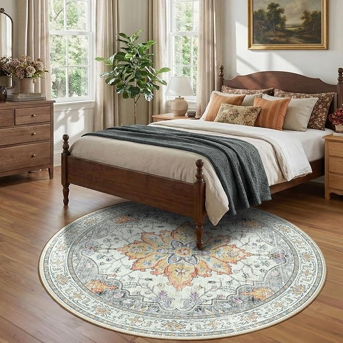 RELEANY Area Rugs Round 7ft Washable Non-Slip, Floral Vintage Distress Medallion Carpet for Living Room Bedroom Dining Room, Beige Carbon Grey Orange