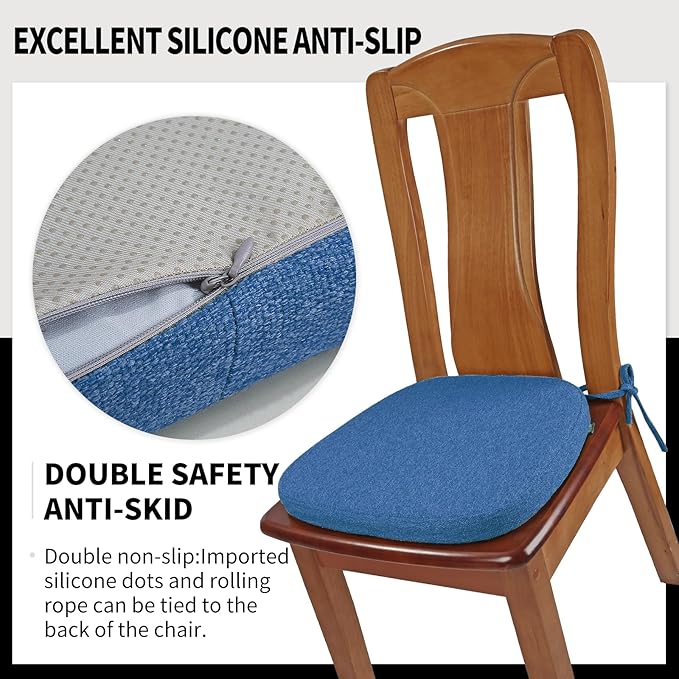 SINOSSO 6 Pack Memory Foam Chair Cushions for Dining Chairs, Friendly Woven Fabric 16" U-Shape Comfortable Kitchen Chair Pads, Removable Slip Resistant Seat Cushions (Set of 6, Blue)