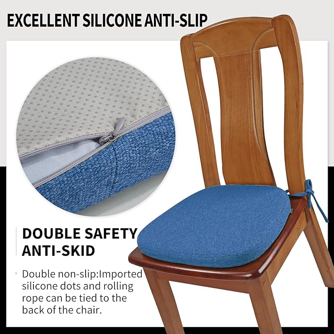 SINOSSO 4 Pack Memory Foam Chair Cushions for Dining Chairs, Friendly Woven Fabric 16" U-Shape Comfortable Kitchen Chair Pads, Removable Slip Resistant Seat Cushions (Set of 4, Blue)