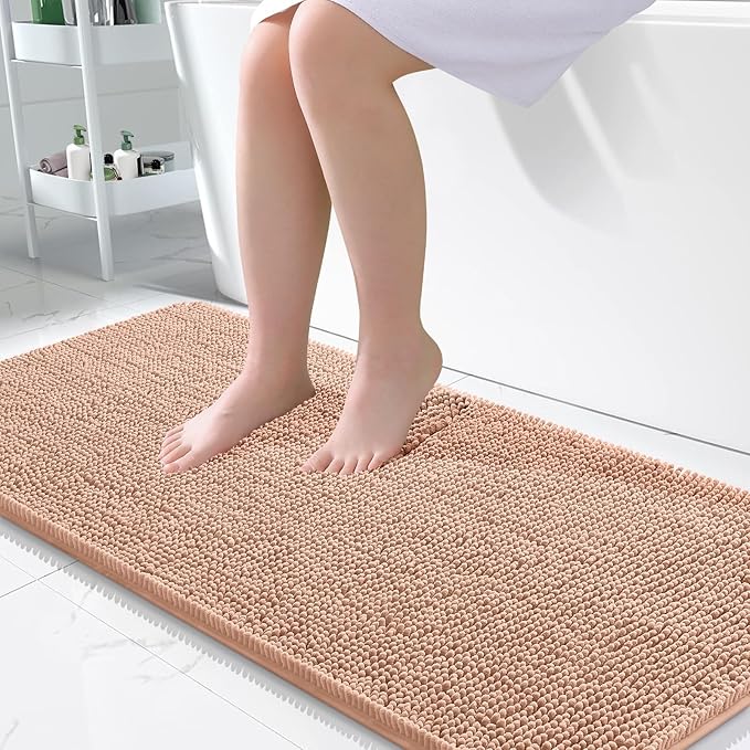 OLANLY Bathroom Runner Rugs 47x24, Extra Soft Absorbent Chenille Bath Rugs, Rubber Backing Quick Dry, Machine Washable Long Bath Mats for Bathroom Floor, Tub and Shower, Home Decor Accessories, Peach